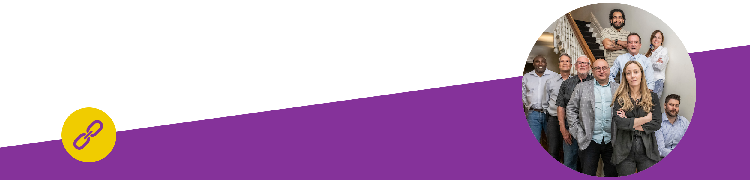 A plain purple section separator with a diagonal line at the top. There is a round image of Renascent's Diversity Committee.