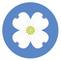 A round icon with a white flower inside a blue circle.