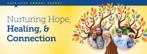 A hero style header banner reading nurturing hope, healing, and connection. There is an illustration of a tree to represent this theme.