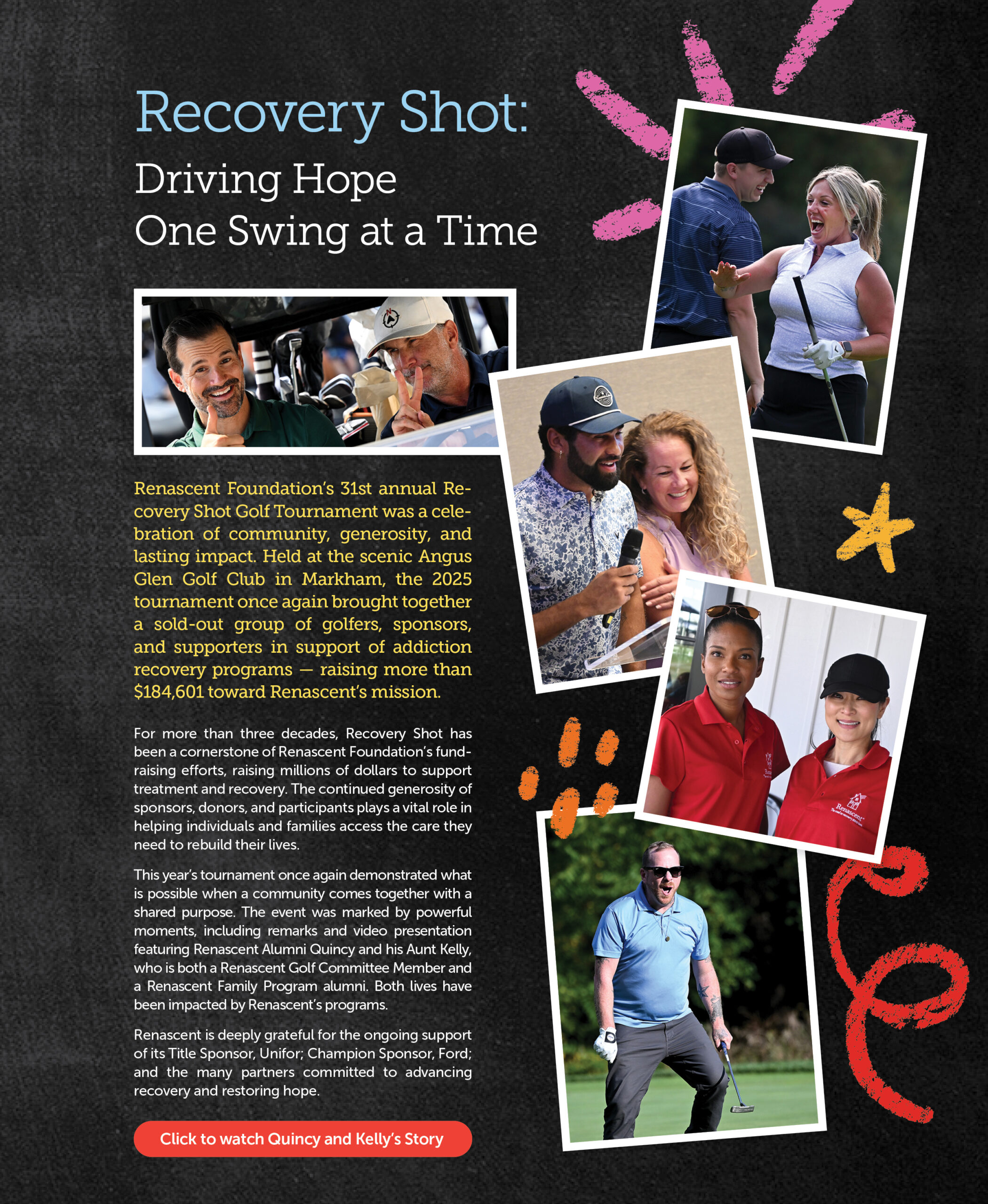 Recovery Shot: Driving Hope One Swing at a Time. This page is a full collage image. For an accessible version, please see page 14 of the PDF version of our Annual Report.