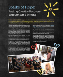 Sparks of Hope: Fueling Creative Recovery Through Art & Writing. This page is a full collage image. For an accessible version, please see page 16 of the PDF version of our Annual Report.