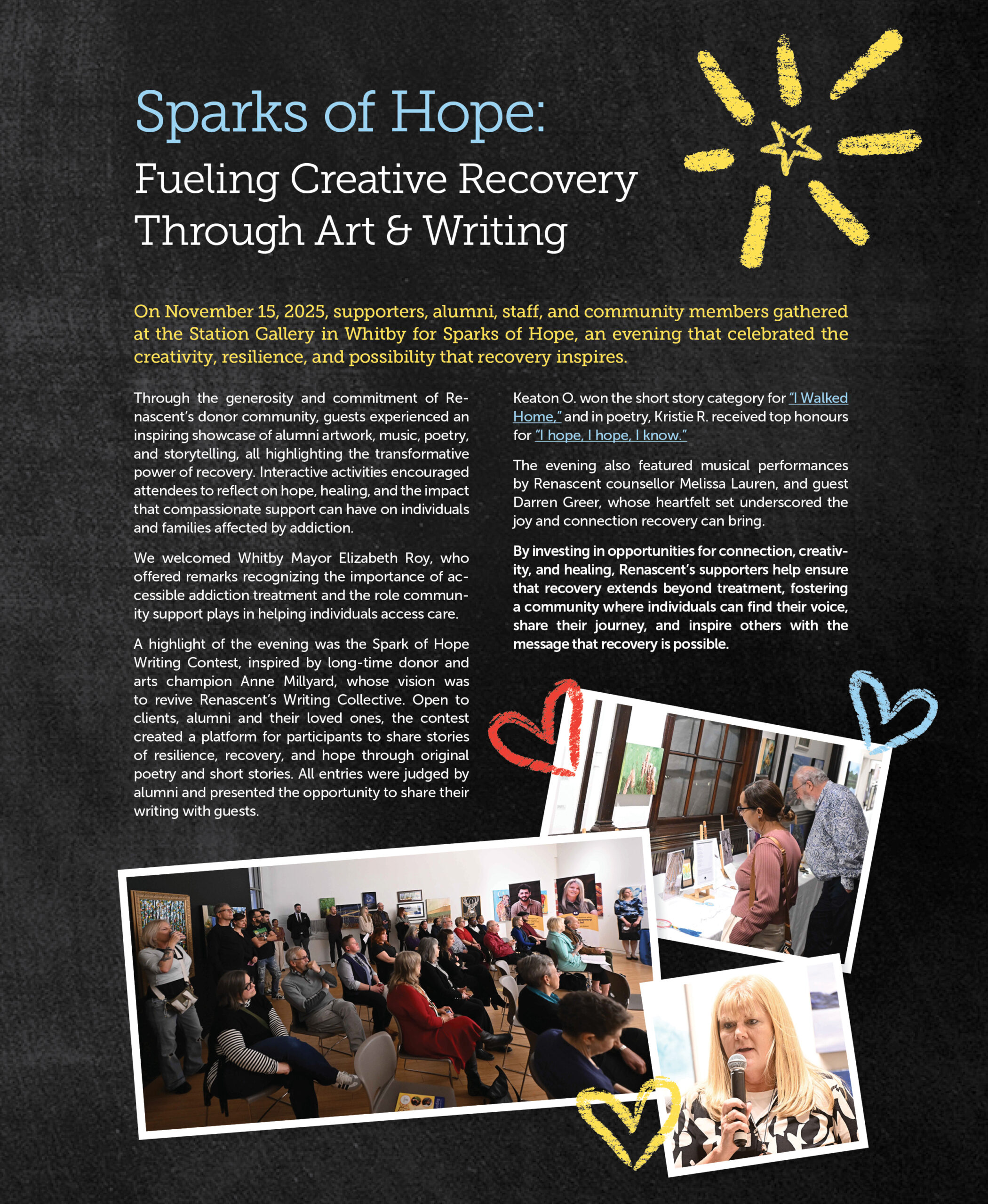 Sparks of Hope: Fueling Creative Recovery Through Art & Writing. This page is a full collage image. For an accessible version, please see page 16 of the PDF version of our Annual Report.