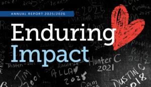 An image of a chalkboard with many Renascent Alumni signatures and treatment years. The text on top of the image reads, Enduring Impact, as well as 2025 & 2026 Annual Report.